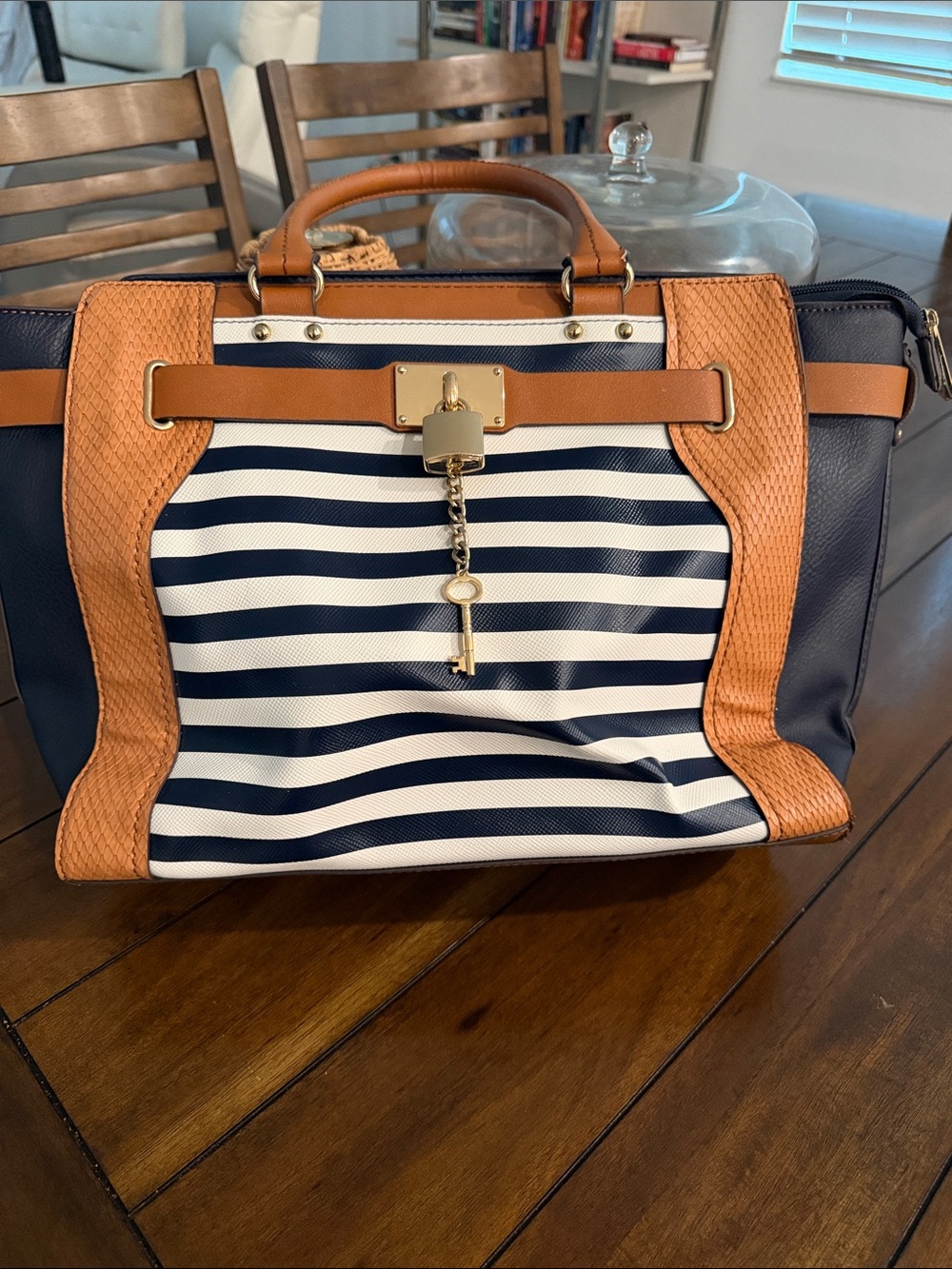 Aldo Navy & Tan Striped Satchel with Gold Lock